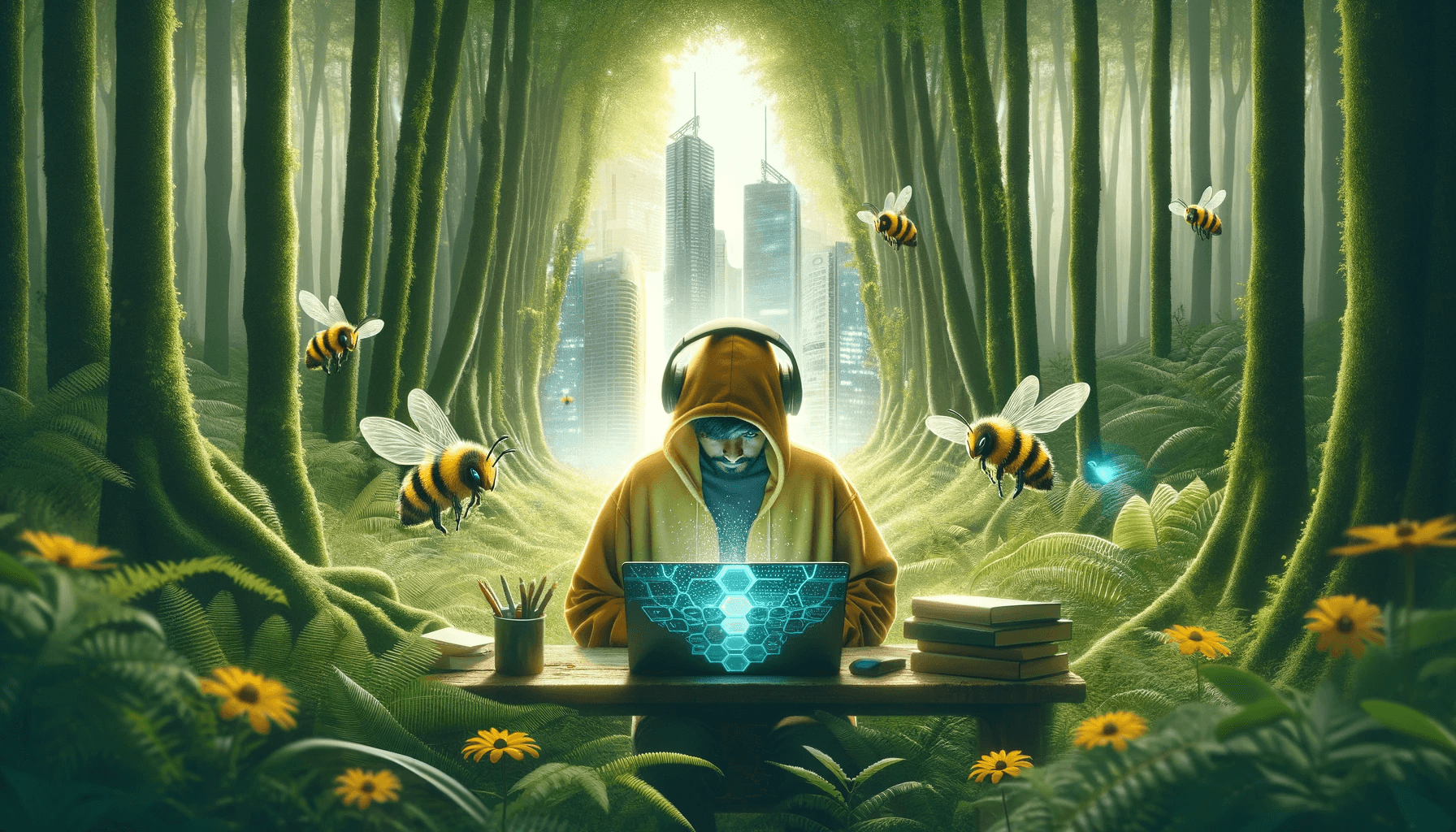 Man in hoodie wearing headphones in a mystical forest. Working on a laptop with bees around him and a distant futuristic city visible through the trees